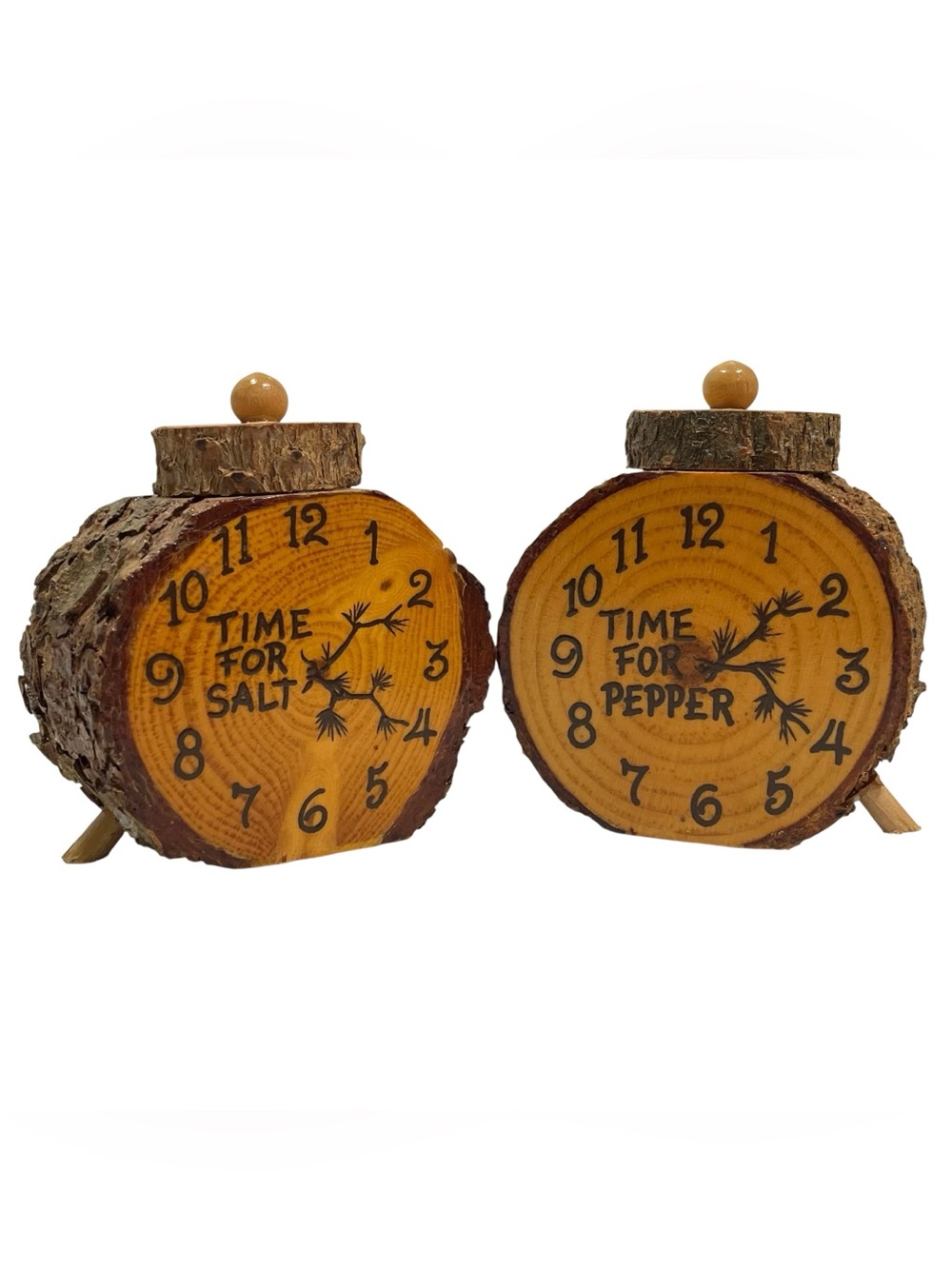 Vintage 1970s Live Edge Rustic Wooden Clock Time for Salt and Pepper Shakers Set